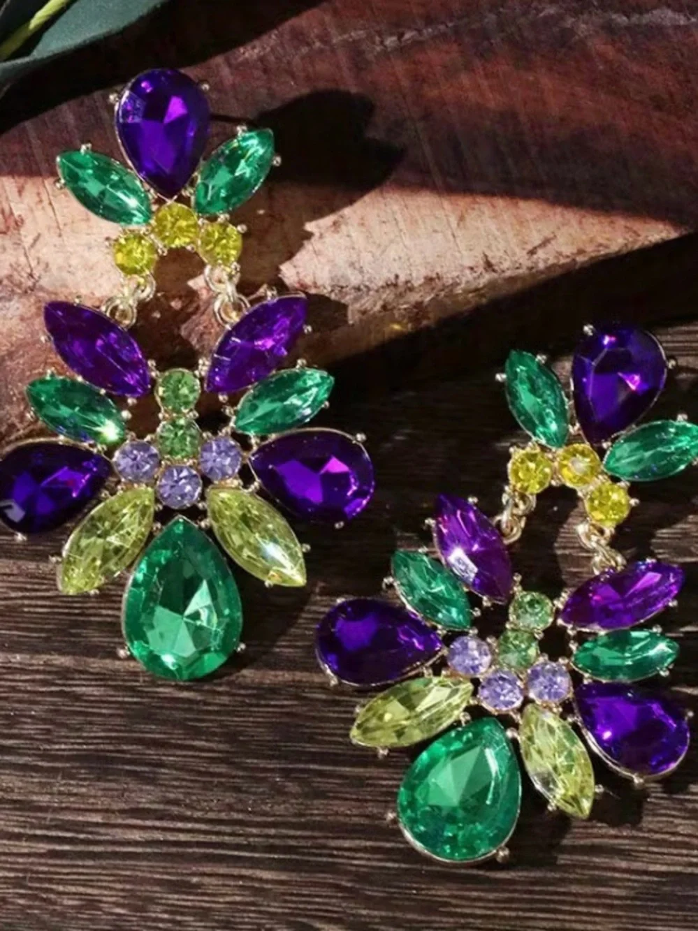 Purple Green Gold Statement Dangle Earrings New Orleans Cocktail Jewelry